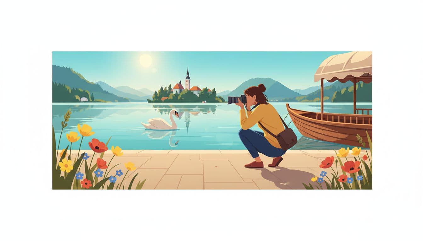 Modern illustration of a photographer on Lake Bled's lakeside path at midday, photographing a swan closely, with wooden boat textures, foreground flowers, bright sun, and church across the water.