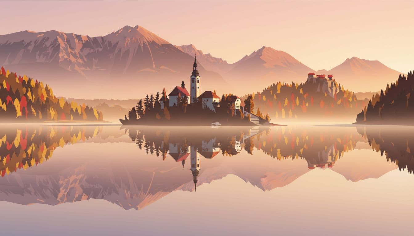 Modern illustration of sunrise over Lake Bled from the west shore, with Bled Island church silhouetted in the center, Bled Castle on the right cliff, Karawanks mountains glowing in dawn light, foggy mist on calm water with perfect reflections, and autumn colors on surrounding trees.