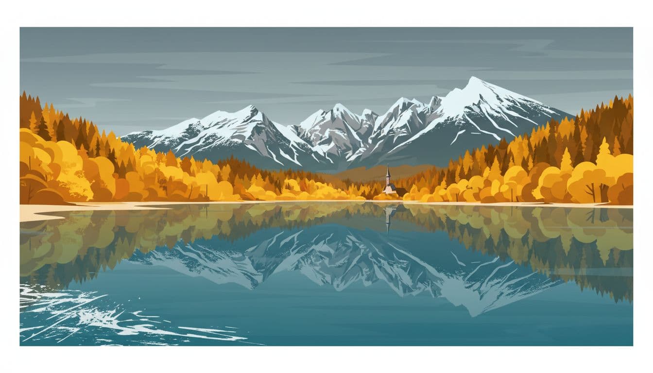 Modern illustration of Lake Bohinj in fall, with golden yellow trees along the shore, moody gray skies after rain, fresh snow on high mountain slopes, still turquoise water mirroring peaks and forests, and rough waves adding drama. A small wooden bridge is visible distantly.