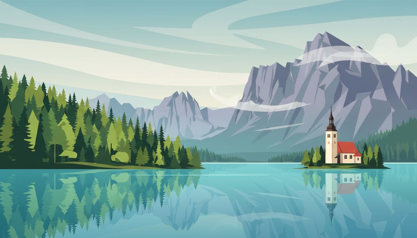 Modern illustration of Lake Bohinj shoreline near Ribcev Laz, showing the Church of St. John the Baptist in foreground right, dense green forests left, calm turquoise lake with reflections, and steep gray mountains under cloudy skies with mist.
