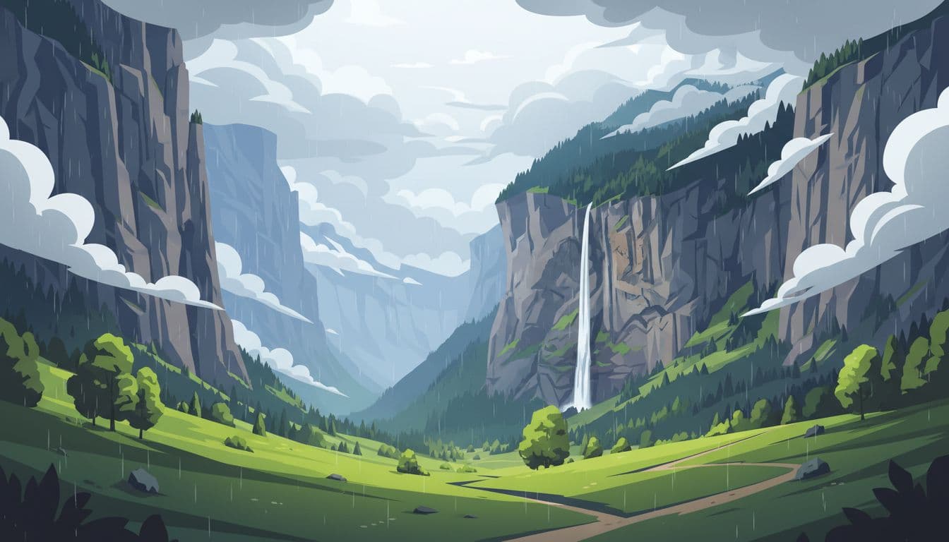 Dramatic Lauterbrunnen Valley with steep rock walls, mist from Staubbach Falls, cloudy rain in spring meadows. Modern illustration emphasizing vertical scale.
