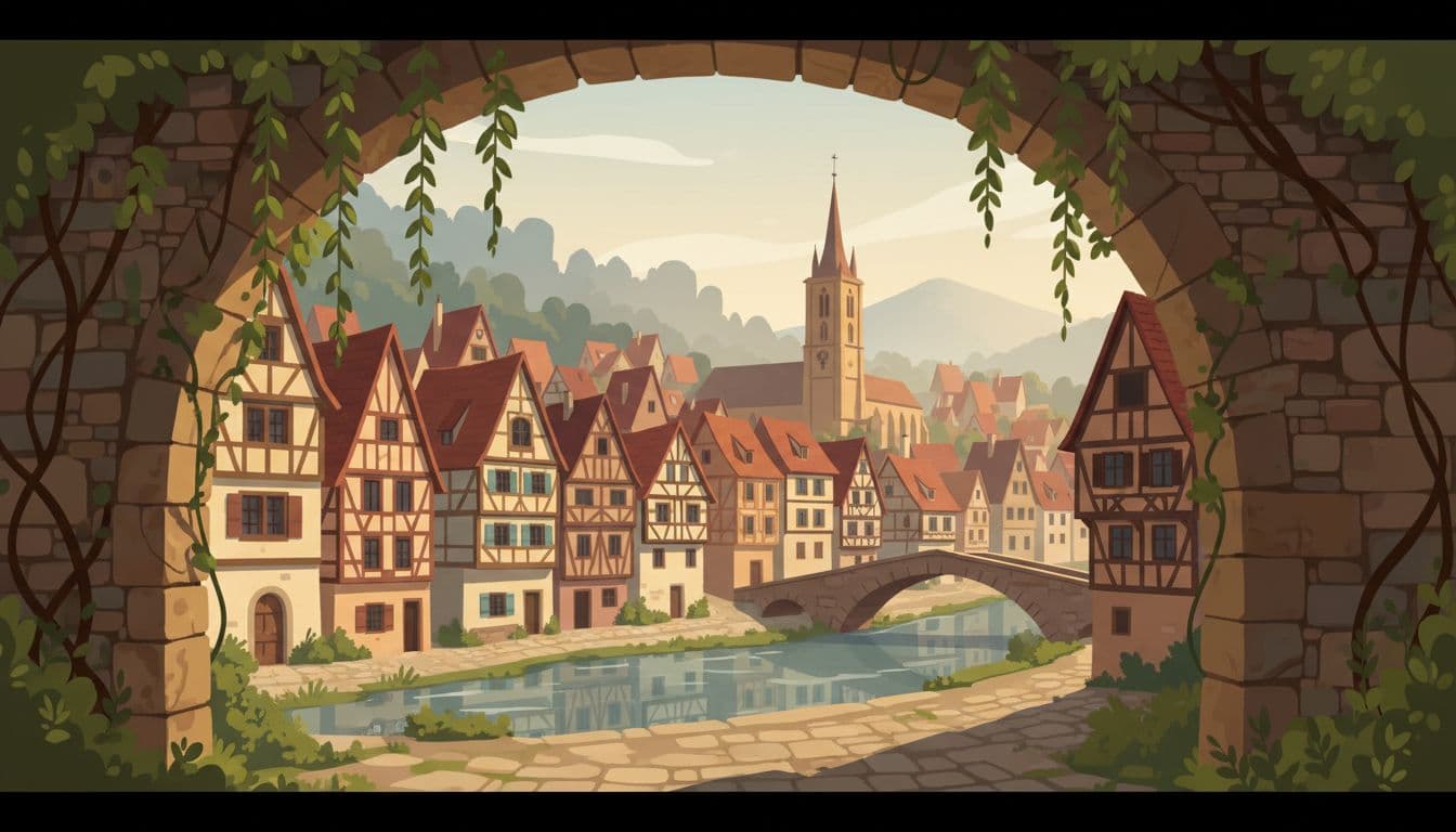 Layered small town scene with foreground stone arcade and vines, middle ground colorful half-timbered houses and arched bridge over calm river, background tall church tower above misty hills. Modern illustration in golden hour light with soft fog, strong horizontal composition from low angle, no people.