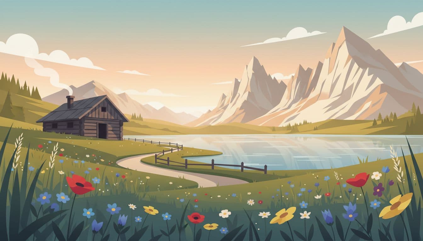 Colorful wildflower meadow and wooden alpine hut foreground a serene clear lake and towering jagged Dolomite peaks in this wide low-angle modern illustration emphasizing depth with golden hour light.