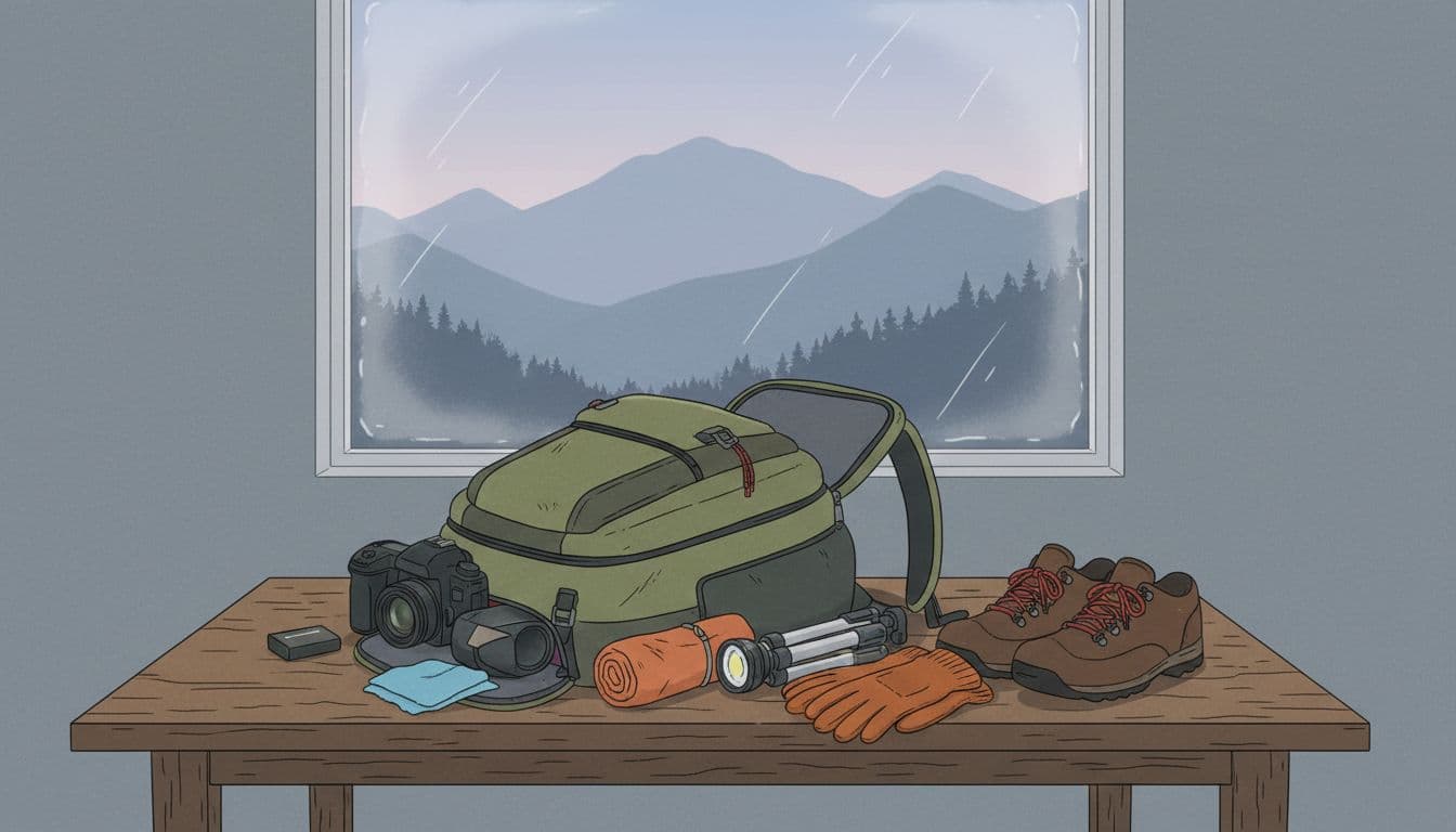 Open lightweight photographer backpack on rustic wooden table in pre-dawn kitchen, spilling DSLR camera, battery, cloth, tripod, covers, headlamp, gloves, and hiking shoes, with foggy mountain view.