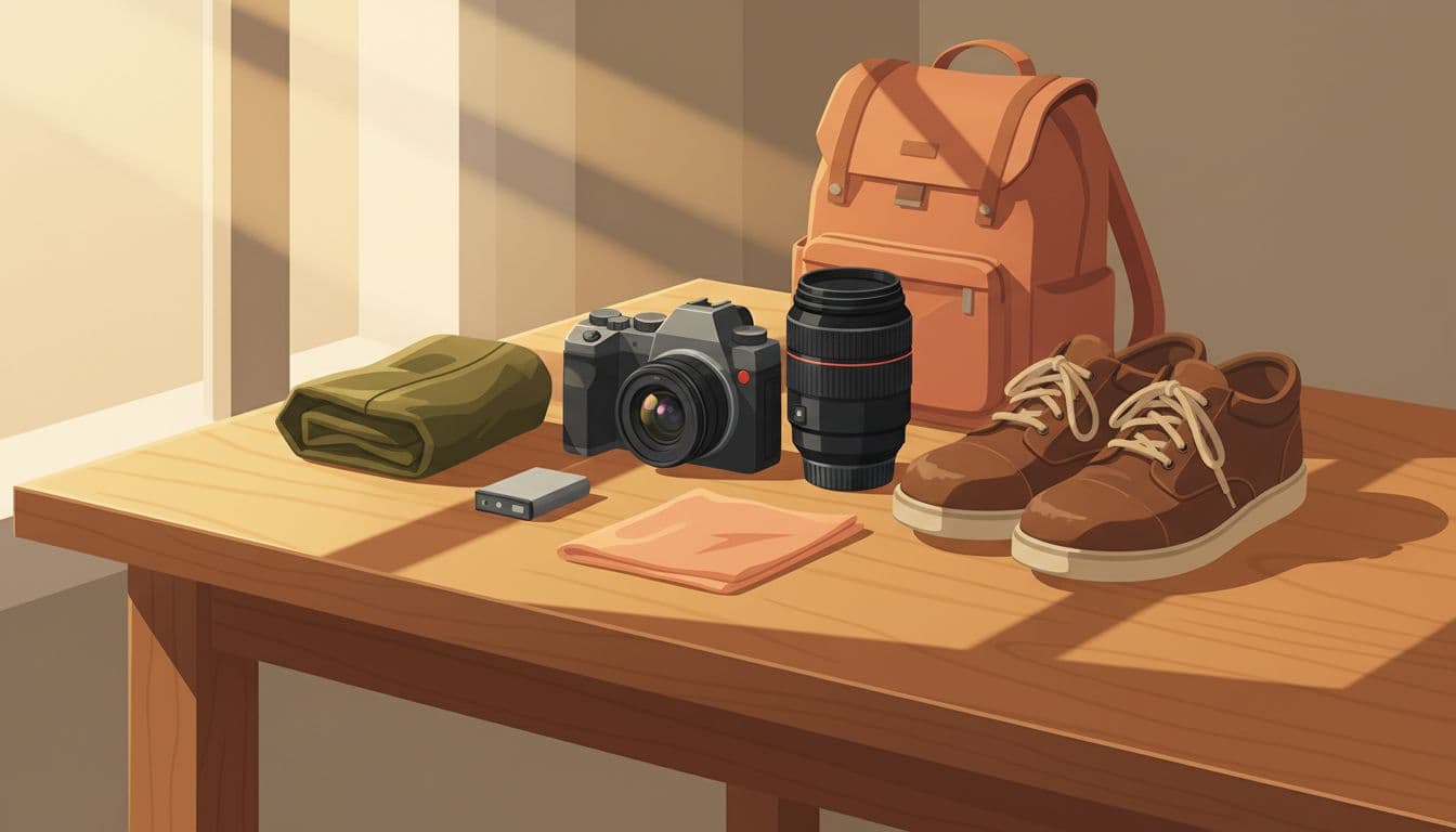 Modern illustration of a compact lightweight travel photography kit laid out on a wooden table, featuring camera, lens, rain cover, battery, cloth, shoes, and backpack in warm golden hour light.