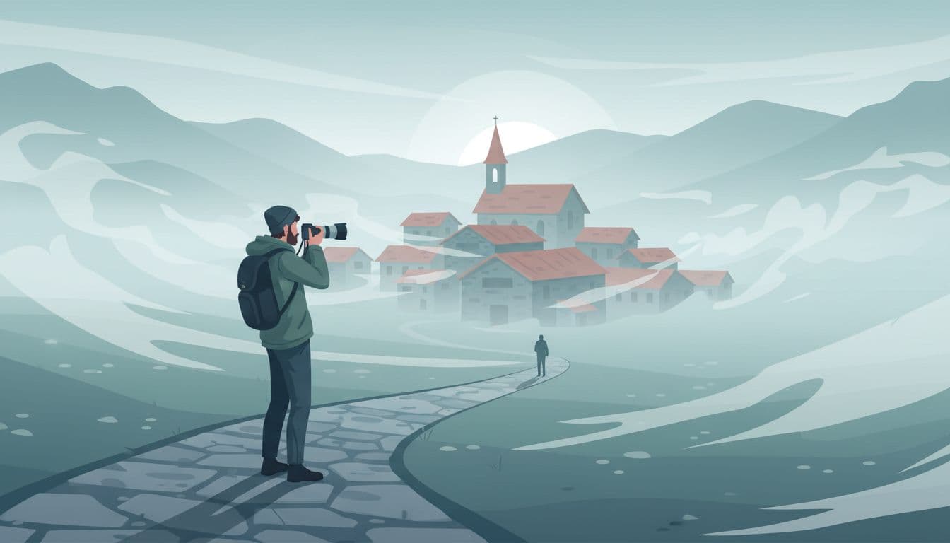 A lone photographer stands at a respectful distance on a public path in a foggy mountain village at dawn, observing village life without intrusion, with stone houses and a church steeple in the mist.