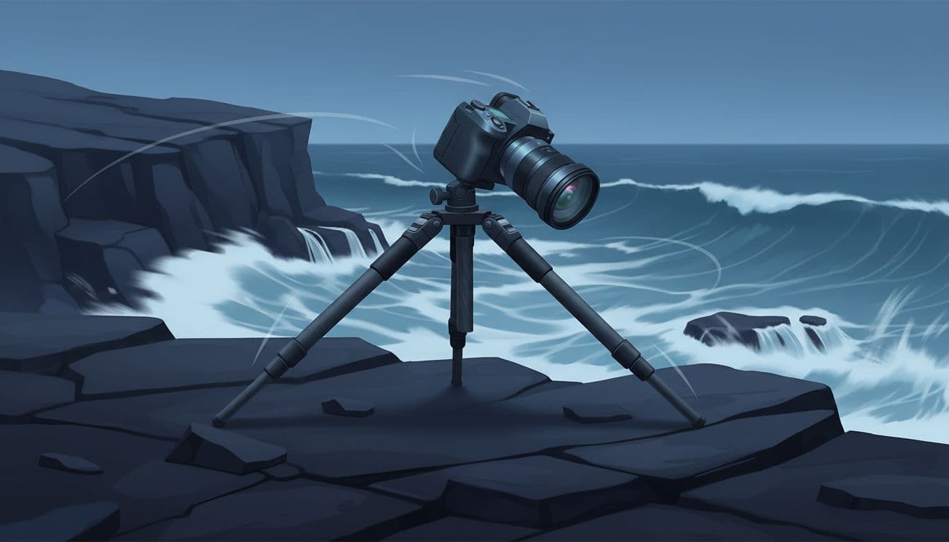 Modern illustration of a lightweight carbon fiber tripod positioned low with legs spread wide on a rocky windy coastal cliff during blue hour, steadily holding a mirrorless camera for sharp long exposure of crashing waves below.