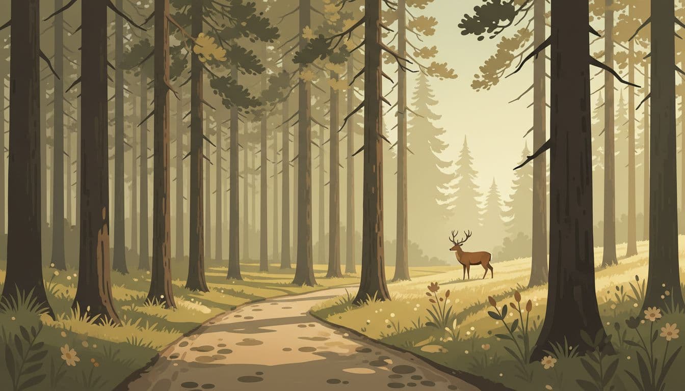 Quiet forest trail in Lusen area with wildlife clearing, tall pines, meadow edge, and soft morning light through trees. Exactly one deer visible in the distance, modern illustration style with clean shapes and earthy palette.