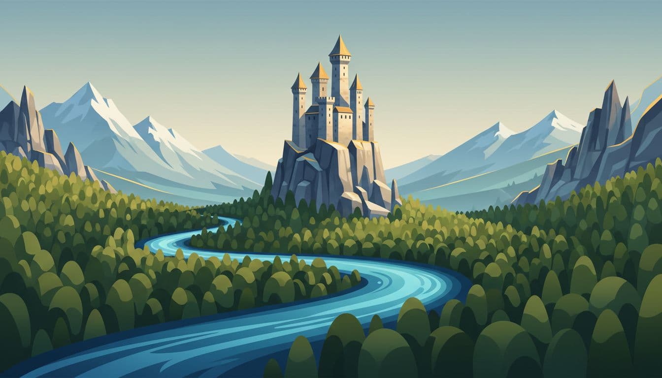 Modern illustration of a majestic stone castle perched on a rocky cliff above a winding river through dense forests, with distant snow-capped mountains in soft morning light, emphasizing layered depth from natural elements.