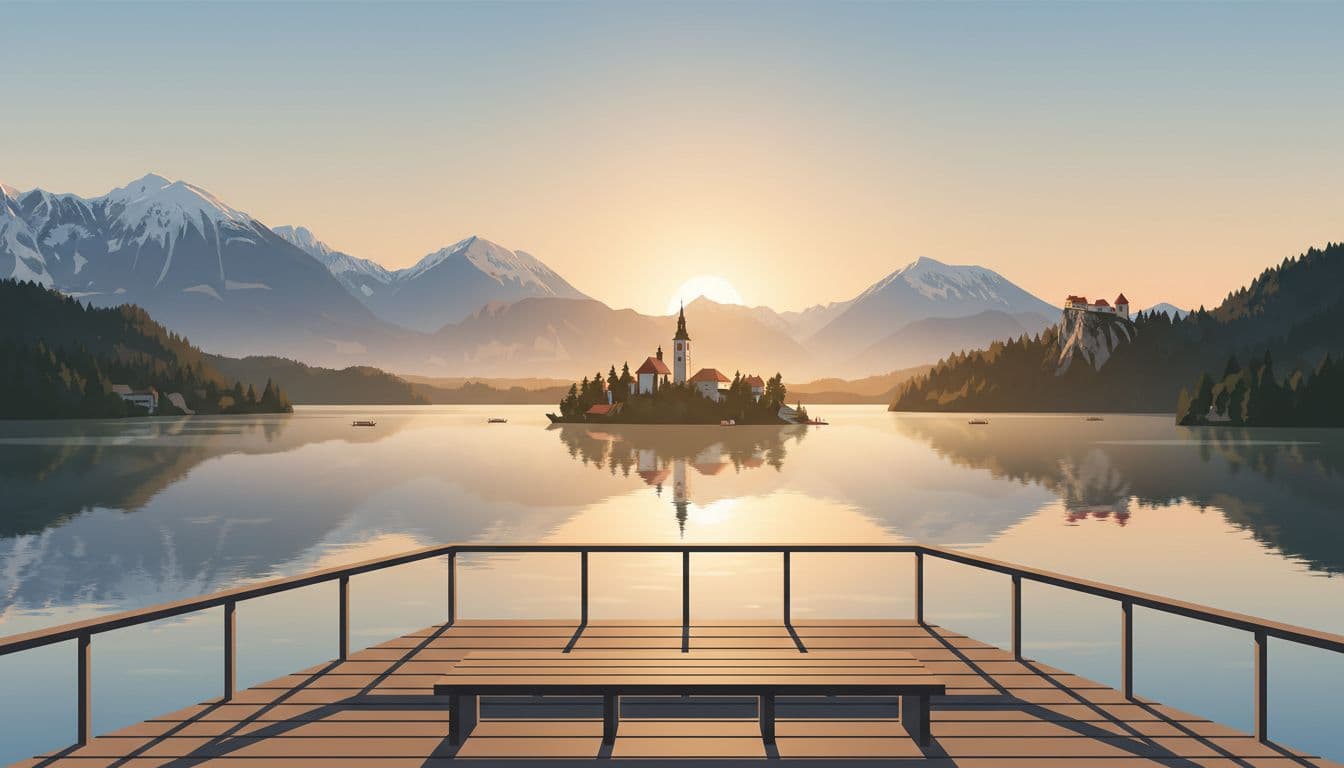 Modern illustration capturing the panoramic early morning view from Mala Osojnica over Lake Bled, with the full lake reflecting soft light, centered island church, Bled Castle on the right cliffside, Julian Alps in the background, and a wooden viewing platform with bench.