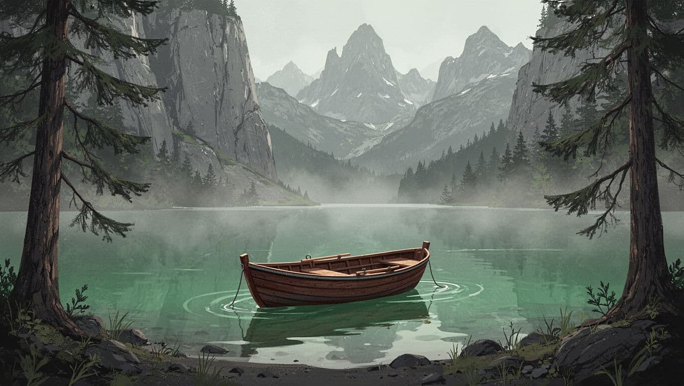 Emerald lake with rising mist, sheer cliffs, peaks, wooden rowboat near pine-framed shore.