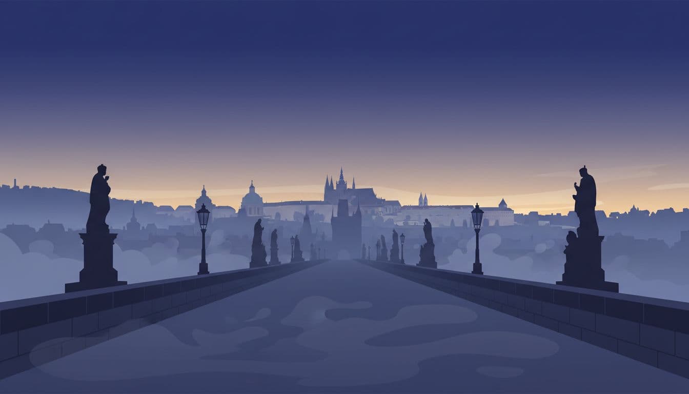 Charles Bridge in Prague at early blue hour features misty Vltava River with rising fog, silhouetted statues, and faint Prague Castle silhouette under a deep blue sky with orange horizon hints. Modern illustration in cool blue-purple tones warming to gold, strong central composition from bridge middle looking east, completely empty with no people.