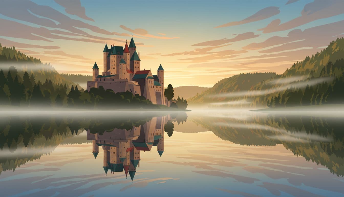 Early morning golden hour light bathes a misty German castle overlooking a calm river with perfect reflections of towers and forested hills, soft mist rising amid changing clouds.