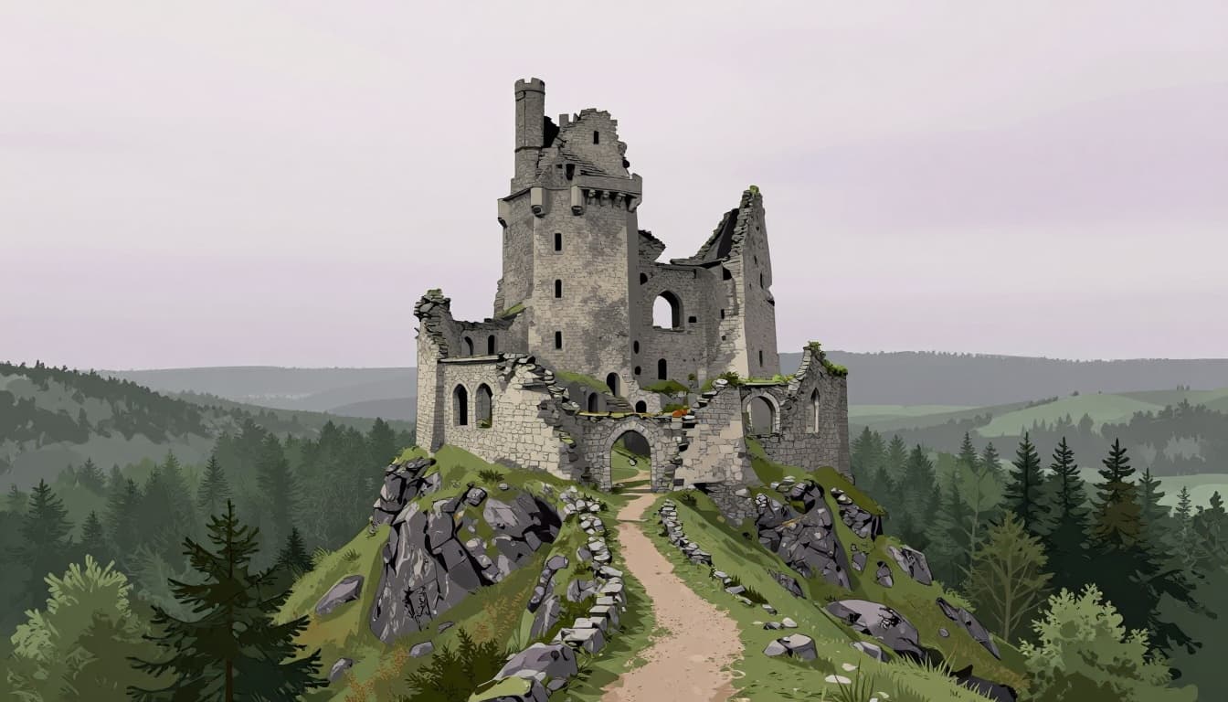 Ruined stone castle with arches and towers on rocky hill surrounded by forest in mist.