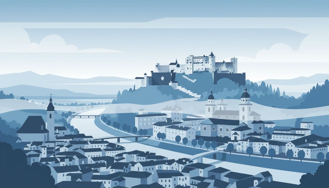 Modern illustration of a cliff-edge vista from Monchsberg terrace featuring Salzburg Old Town below, winding Salzach river, and Hohensalzburg Fortress above, enveloped in early morning mist with clean shapes, cool blue tones, and vertical stack composition.