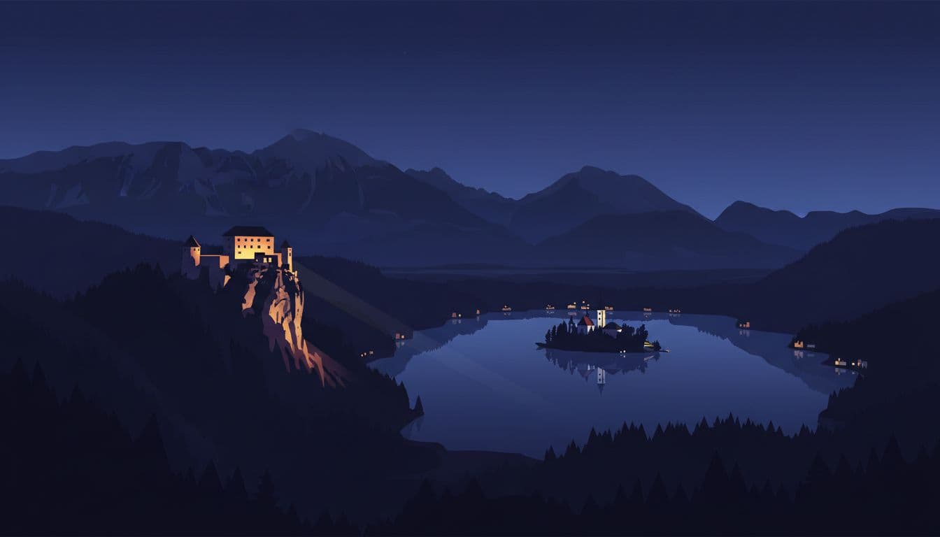 Modern illustration of Bled Castle exteriors lit at night from a distant high viewpoint, featuring a darker moodier frame, glowing cliff base, subtle island lights on the lake below, strong shadows, contrasts, and deep blue tones with warm accents.