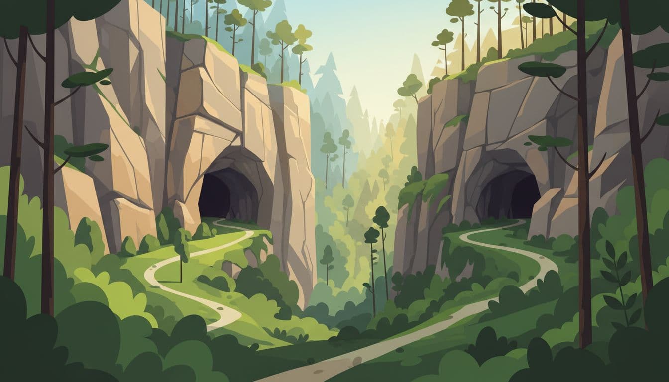 Cave entrances and deep gorges in the Moravian Karst, Czech Republic, feature lush green woodland paths winding through dramatic rock walls under soft forest light in changing day tones.