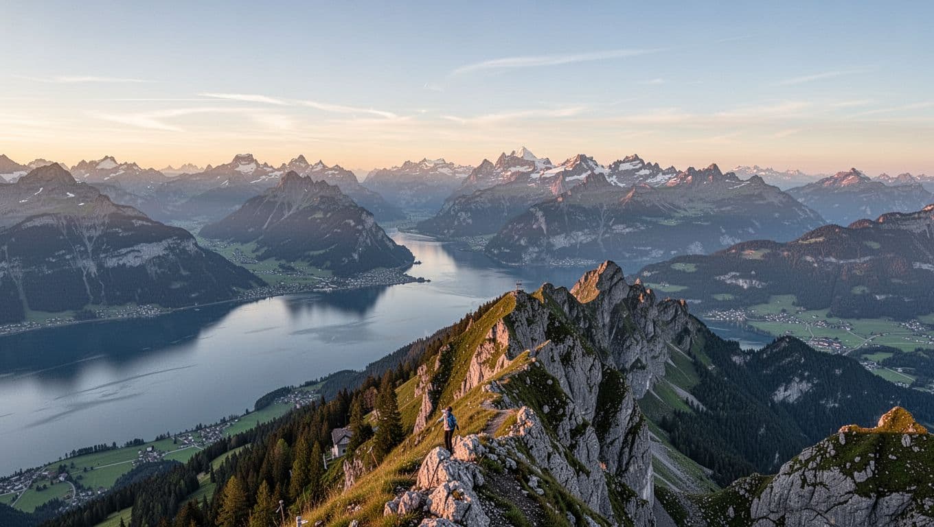 Panoramic summit view from Mount Pilatus overlooking Lake Lucerne, with sharp foreground ridges and layered Alps beyond in clear morning light. Modern illustration style featuring clean shapes, controlled colors, and strong composition, no people or text.