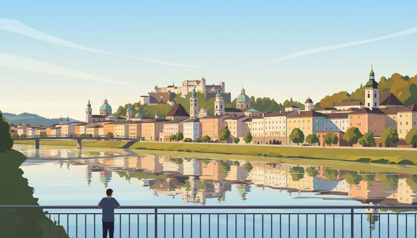 View from Mullnersteg Bridge over Salzach river showing bright midday reflections of Old Town rooftops and broad city view, with exactly one person leaning on railing in distance. Modern illustration style with clean shapes, controlled warm daylight palette, and strong horizontal composition.