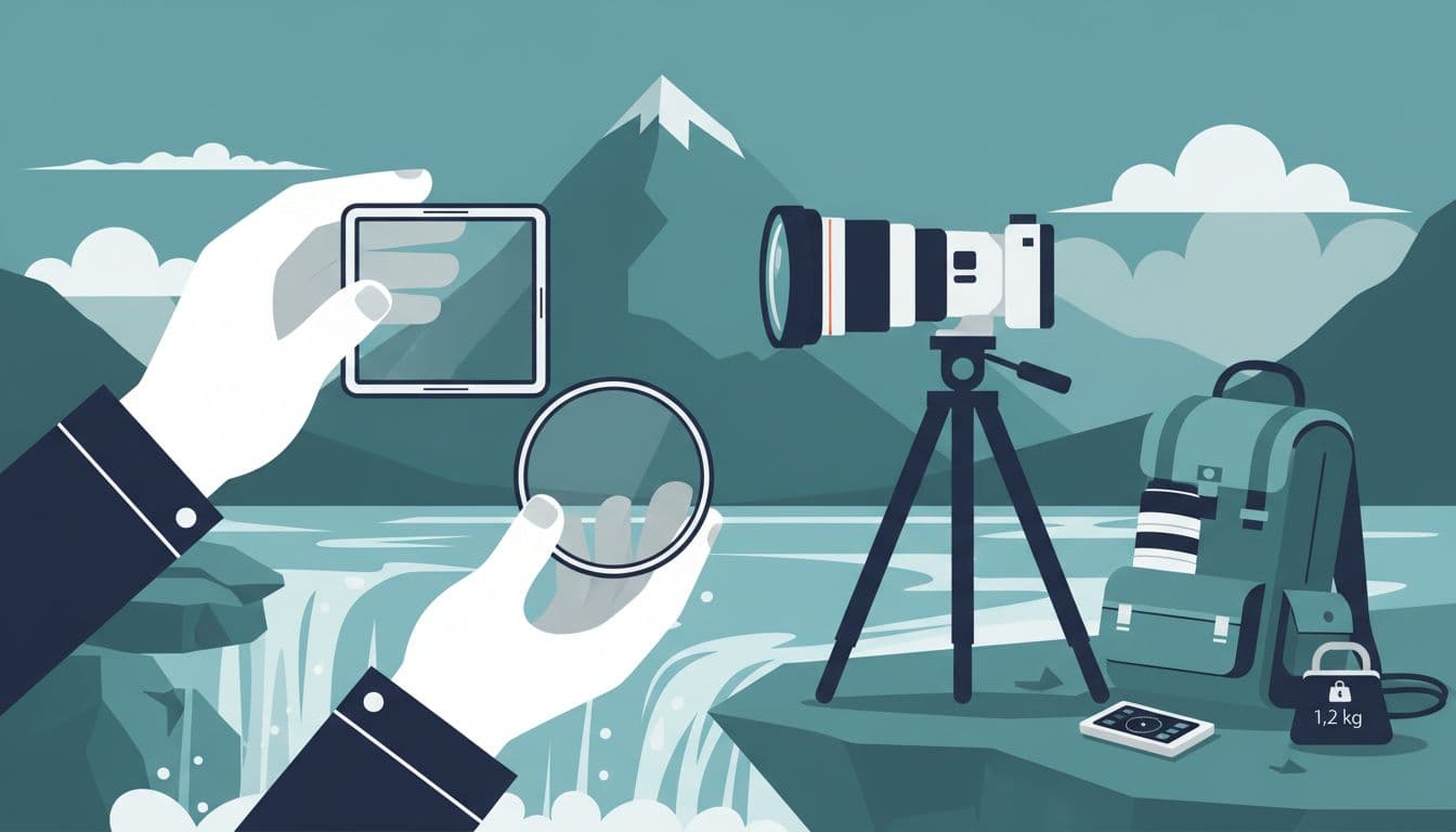 Photographer's hands holding square ND filter holder and circular ND filter beside wide-angle lens on tripod near misty waterfall edge, with pack nearby to show weight considerations in a natural mountain setting.