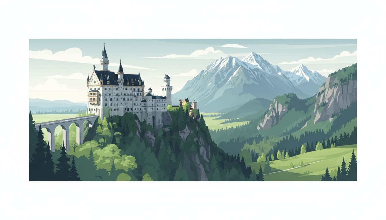 Neuschwanstein Castle with tall towers perched on a cliffside above a gorge, Alpine mountains backdrop, viewed from nearby bridge in early morning light with spring greenery, modern illustration style.