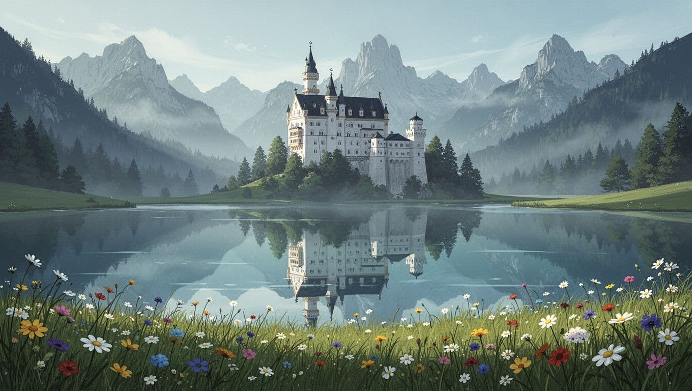 Neuschwanstein Castle on hill above reflective Alpsee Lake, wildflowers in foreground, misty mountains behind.