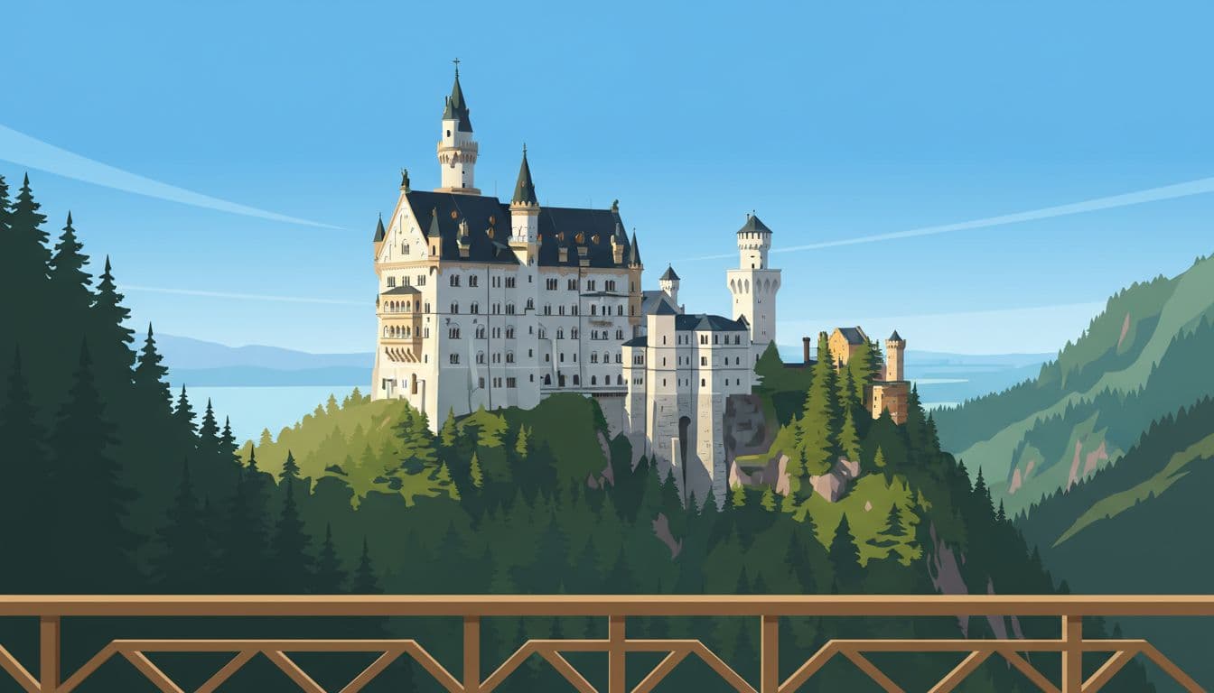 Iconic fairy-tale Neuschwanstein Castle viewed from Marienbrücke bridge high above, with white towers against green Alps under clear blue sky and golden morning sunlight highlighting the facade, foreground wooden railing and valley.
