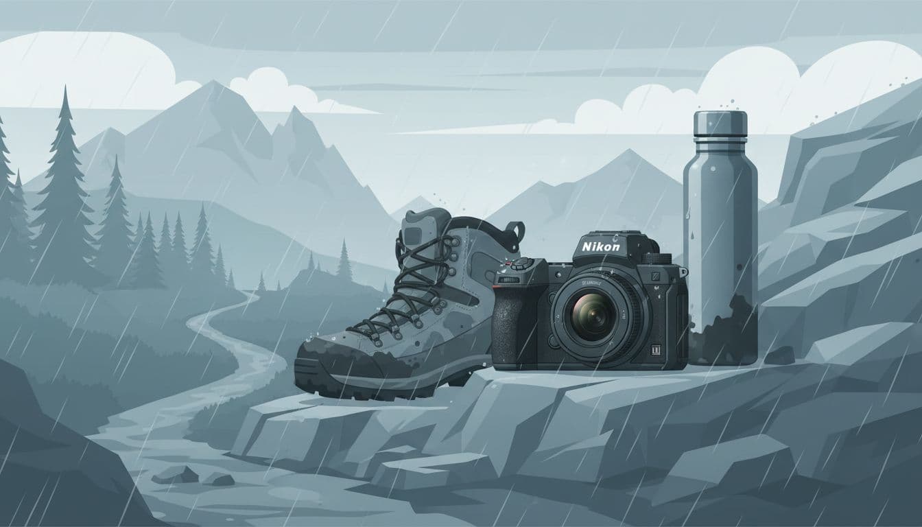 Compact Nikon Z50 II camera on a rocky trail with light rain mist, next to hiking boot and water bottle, showcasing weather protection and image quality in a modern illustration style.