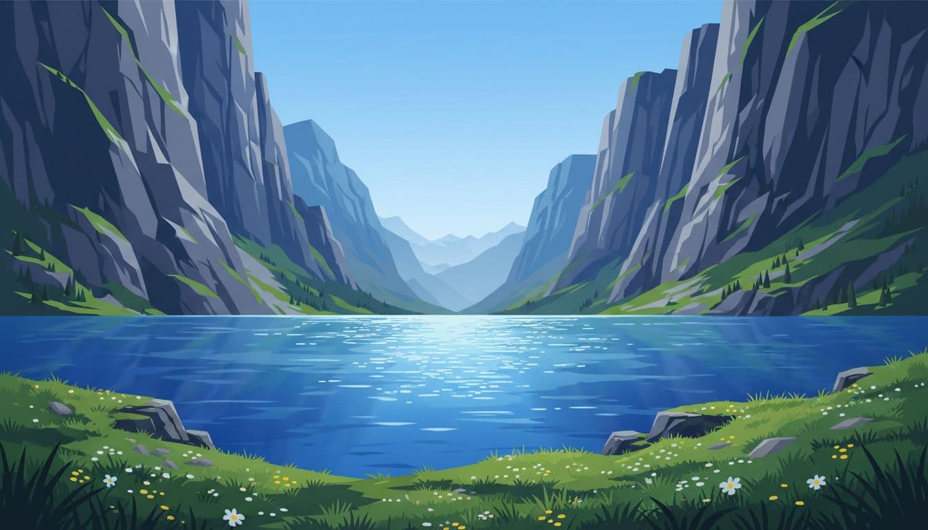 Deep blue Oeschinensee lake surrounded by steep sheer mountain walls and cliffs, sunlight on water surface, alpine meadow foreground, dramatic shoreline overlook composition.