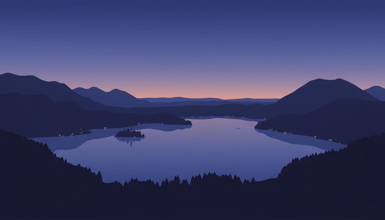 Modern illustration of Ojstrica viewpoint at blue hour over Lake Bled after sunset, with sky cooling to deep blue, lake darkening into moody blue tones, silhouetted hills, clean shapes, and strong composition.