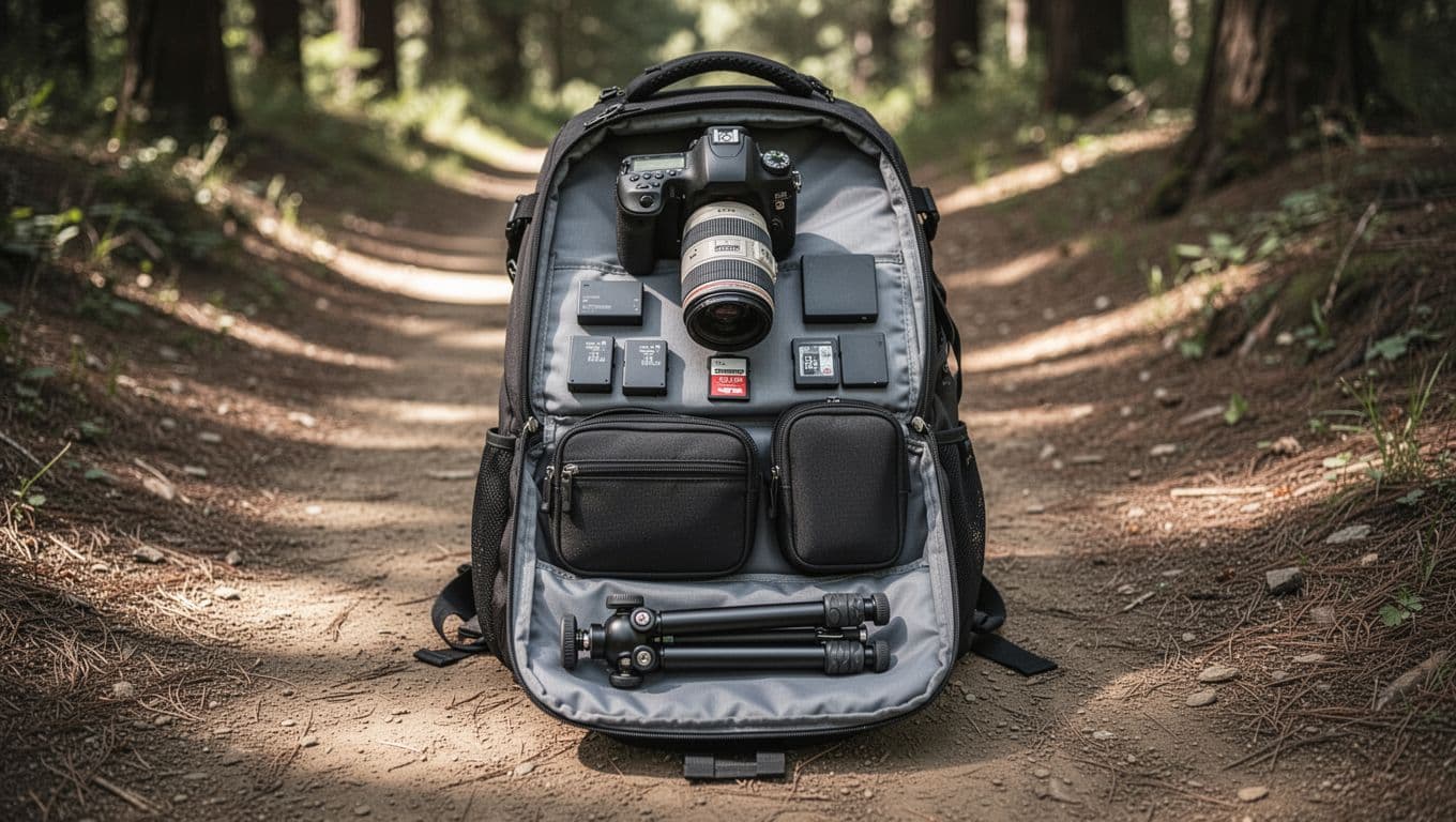 Open backpack on a trail displaying travel camera gear by spending priority: prominent camera body with lens on top, spare batteries and SD cards below, compact camera bag next, small tripod at bottom. Modern illustration with clean shapes, earthy colors, strong composition, and natural lighting.