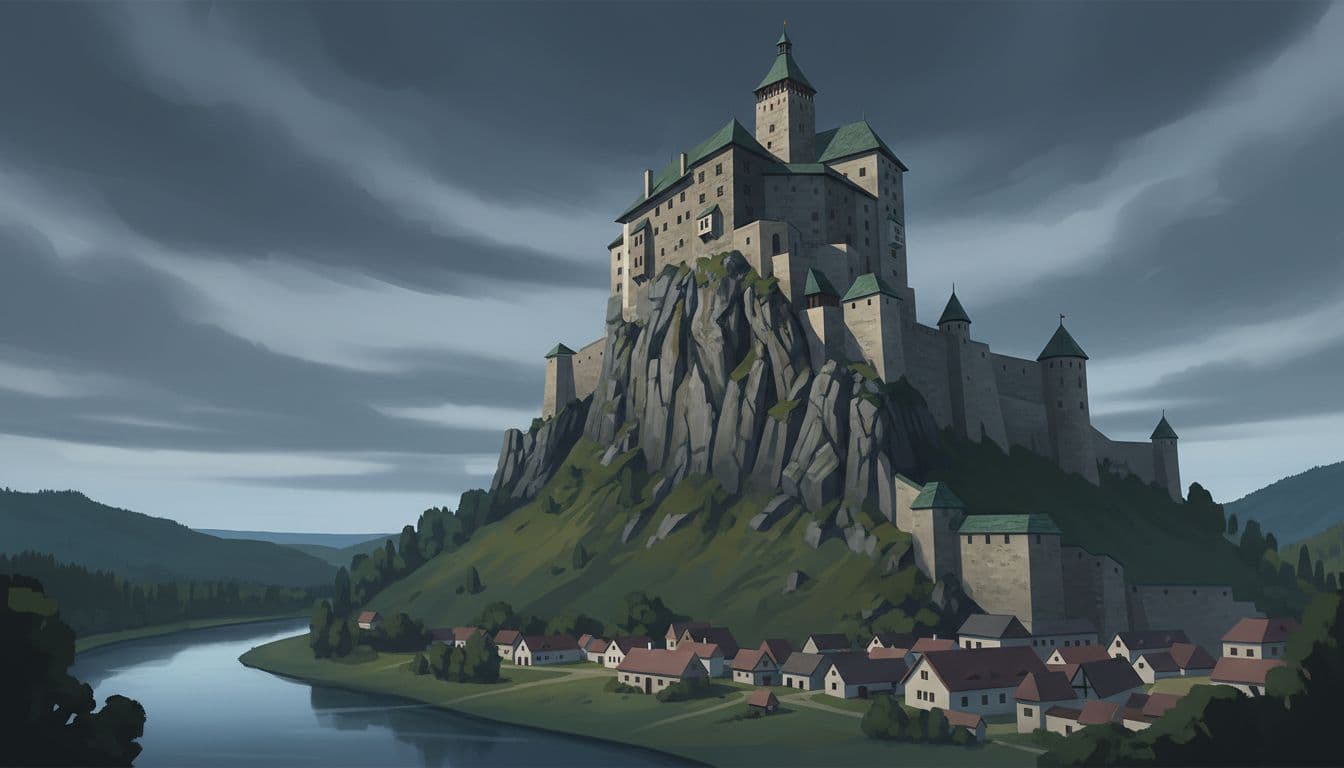 Orava Castle dramatically perched on a steep cliff above a winding river and small village, viewed from below under a moody overcast sky in modern illustration style.