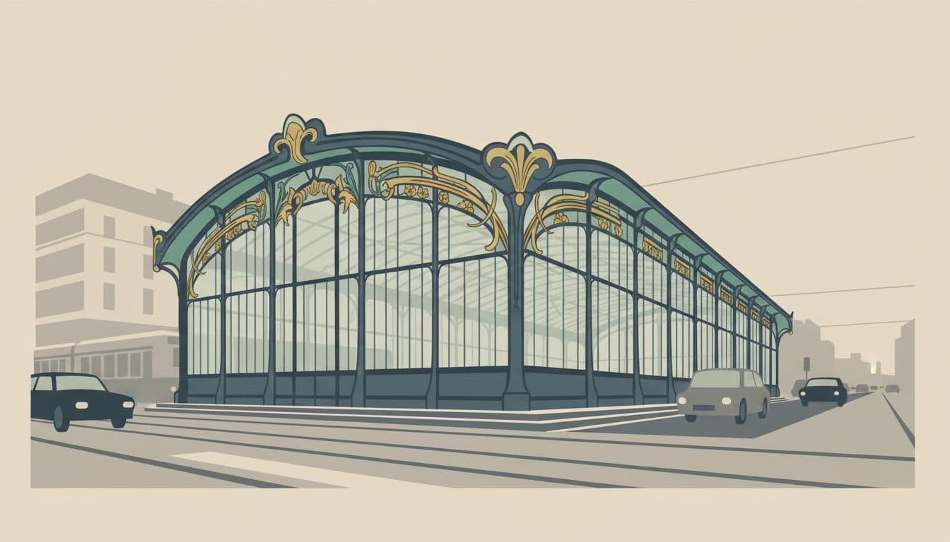 Modern illustration of Otto Wagner's Art Nouveau Karlsplatz Stadtbahn Station in Vienna, showcasing curved lines and floral details on the elegant facade contrasting the busy street, tight low-angle composition in landscape format.
