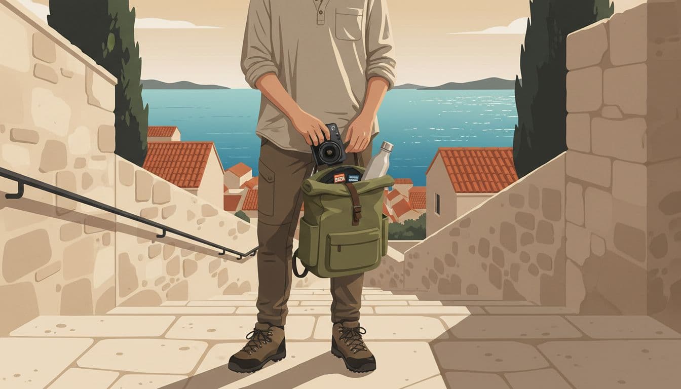 A solo traveler packs lightweight camera gear including wide lens, battery, memory card, and water bottle into a small backpack while wearing grip-friendly shoes, positioned at the base of stone stairs in a Croatian old town with ancient walls and sea in the background, rendered in modern illustration style with clean shapes and earthy palette.