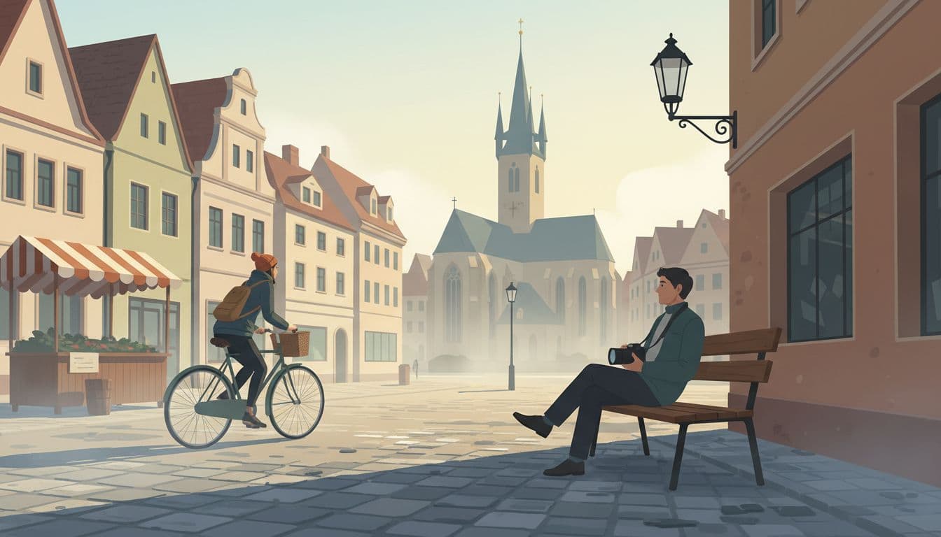 Modern illustration of a lone photographer waiting patiently on a bench in a foggy Central European town square at dawn, as a single cyclist enters near market stall and church.