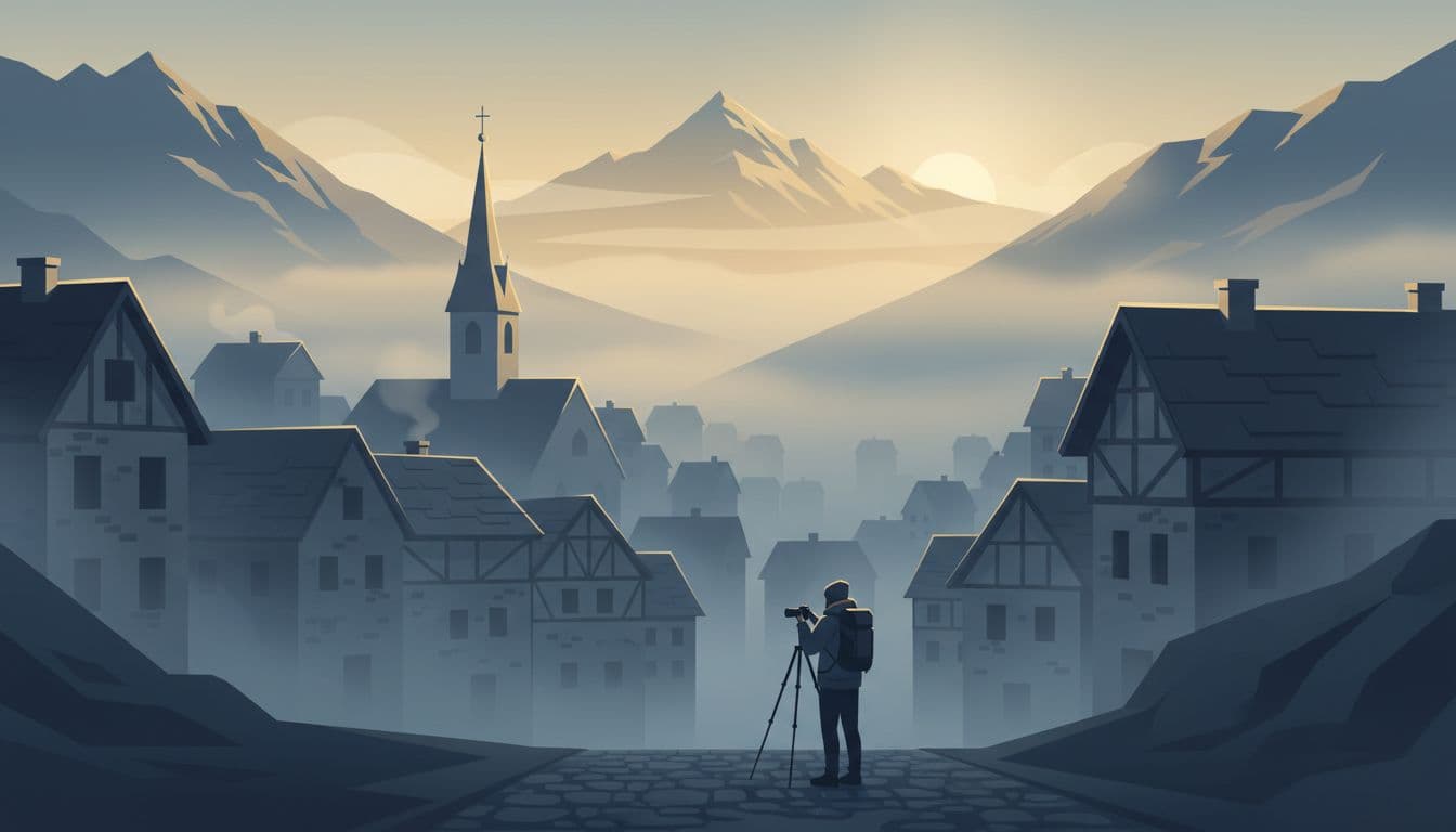 A lone photographer with tripod stands patiently on a foggy mountain village street before sunrise, dense mist around stone houses and church steeple, first faint golden rays illuminating rooftops in a modern illustration style.