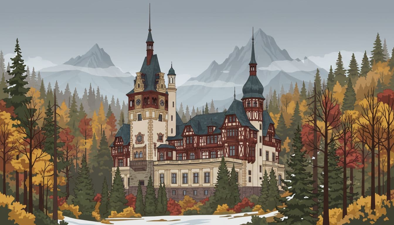 Peleș Castle in Romania nestled in dense Carpathian forest with ornate Neo-Renaissance facade, tall towers, and intricate carvings under misty autumn atmosphere with colorful leaves and light snow.