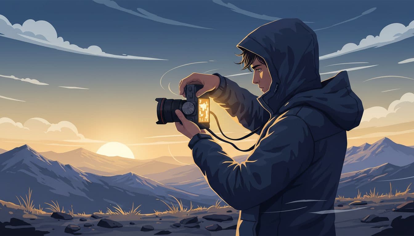 Photographer in jacket adjusts camera settings menu on back screen while standing on windy mountain overlook at golden hour, focusing on dial and screen glow in modern illustration style.