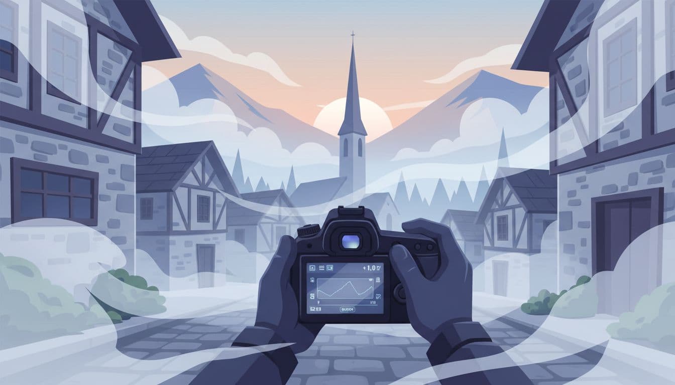 Photographer kneeling in misty mountain village street at dawn, adjusting exposure compensation dial on DSLR camera, with soft fog around stone houses and church steeple in modern illustration style.