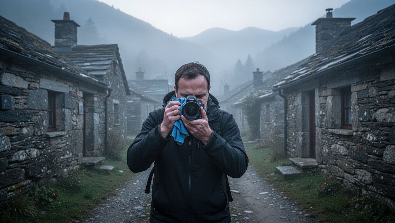 A photographer in a foggy mountain village lane at dawn wipes their camera lens with a microfiber cloth amid stone houses and mist, depicted in a modern illustration style with clean shapes and cool tones.
