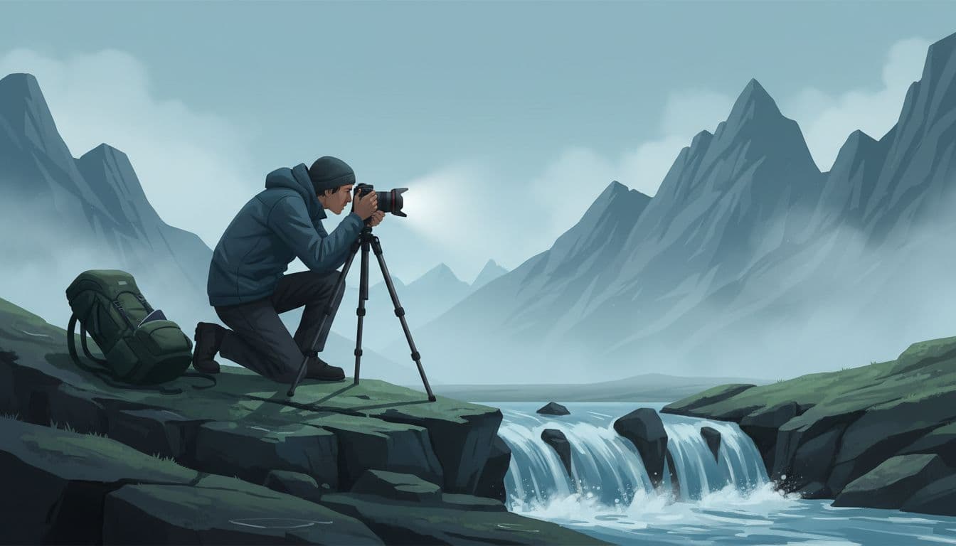 Modern illustration of a photographer kneeling by a misty mountain waterfall, composing the shot on a tripod-mounted camera with clear focus on the LCD screen, backpack nearby, in cold morning light with cool blues and greens.