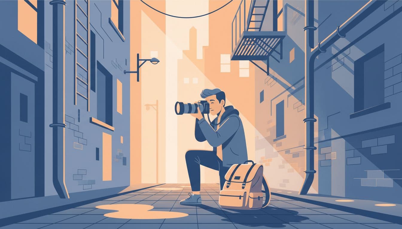 Photographer in city alley arrives early for soft morning light, captures scene with one zoom lens braced on knee, backpack nearby, modern illustration style.