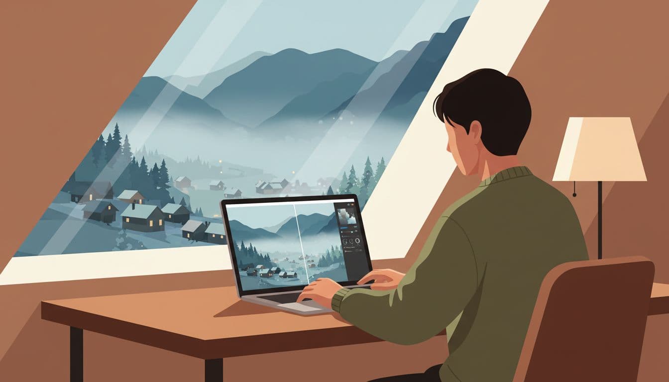 A photographer at a desk makes subtle exposure and contrast adjustments to a foggy mountain village photo on a laptop, with a split-view screen implying before-and-after, in a warm room contrasting cool outdoor tones.
