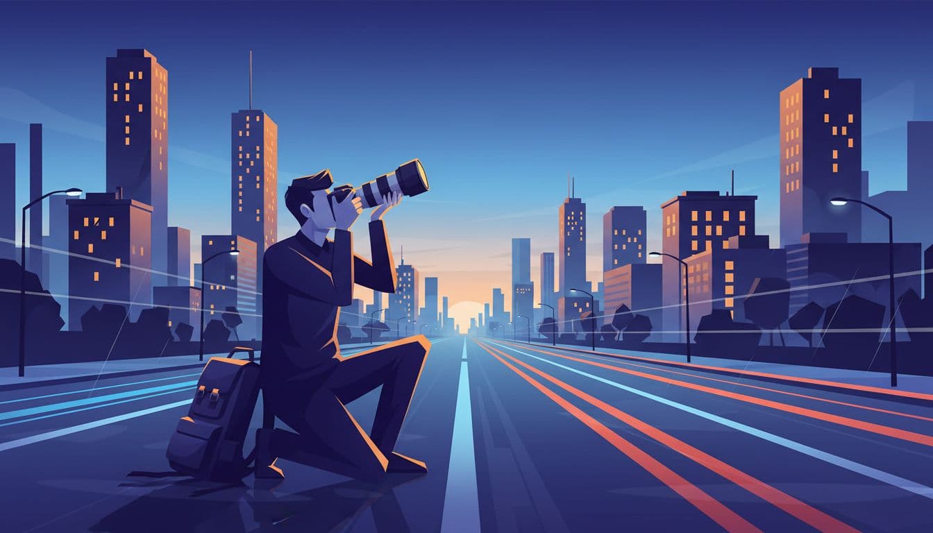 A photographer kneels on a city street during blue hour, using a 24-70mm lens to capture a wide urban scene, with a backpack nearby. Modern illustration features clean shapes, a cool blue and warm orange color palette, and strong central composition with exactly one person.