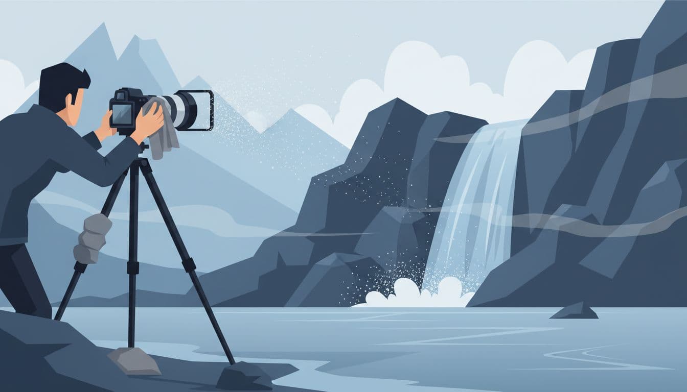 Modern illustration of a photographer using a lens cloth to shield the ND filter from waterfall spray, with a sturdy tripod weighted against wind near a misty alpine lake. Features clean shapes, blues and grays, strong diagonal composition, landscape ratio.