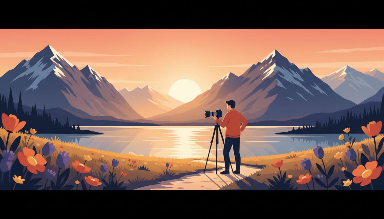 Modern illustration of a photographer setting up a simple camera kit on a tripod at an alpine lakeside during golden hour, featuring foreground flowers, a path to mountains, wide lens, clean shapes, and strong composition.
