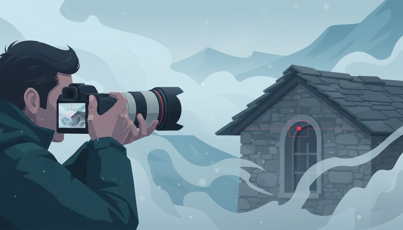 Close-up of a photographer using single-point AF on their camera to sharply focus on the roofline and window frame of a stone house emerging from thick fog in a mountain village, with soft mist background in modern illustration style.