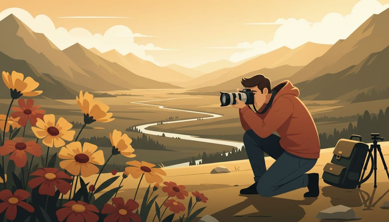 A photographer approaches a vibrant mountain wildflower with a 24-70mm lens, carefully selecting the ideal viewpoint overlooking a scenic valley during golden hour, rendered in modern illustration style with clean shapes and warm earth tones.