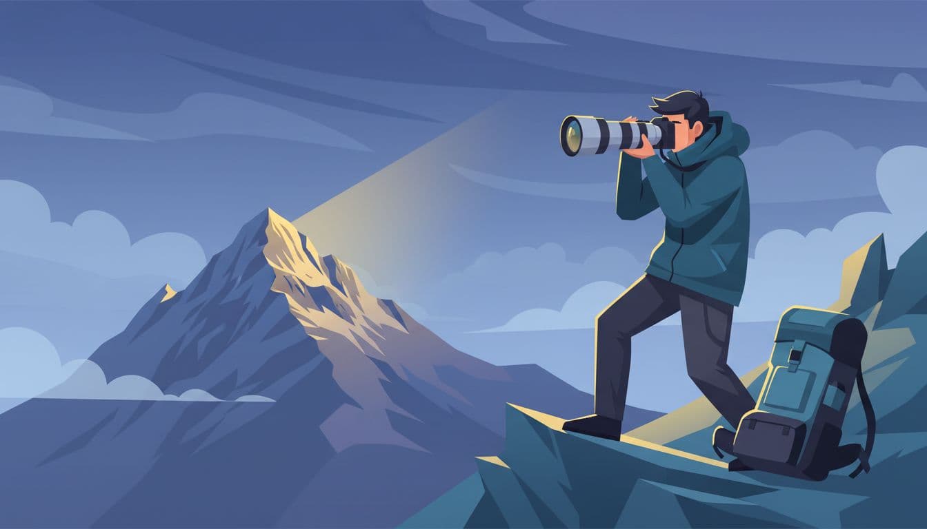A photographer holds a superzoom lens steady against wind on a mountain ridge, framing an isolated distant peak illuminated by a light beam on the slope at 200mm focal length, with a backpack nearby in a modern illustration style.