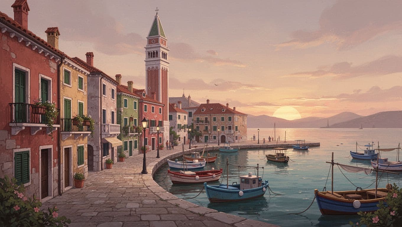 Colorful seaside town with Venetian architecture, terracotta roofs, narrow cobblestone streets, bell tower, and calm harbor with fishing boats.